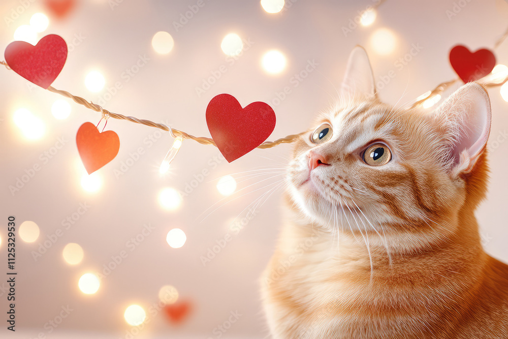 Cat and garland. postcard, ginger cat looks at garland of red paper hearts and lights on light background. Valentine's Day concept. Cat and garland. postcard, ginger cat looks at garland of red paper hearts and lights on light background. Valentine's Day concept.