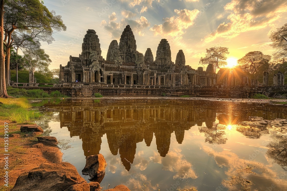 Obraz premium Sunset Silhouette: Bayon Temple, Cambodia's Ancient Architectural Marvel
