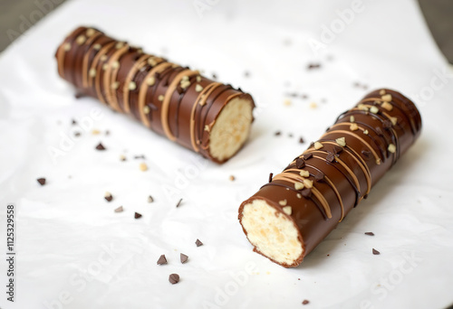 two chocolate covered cylindrical snacks