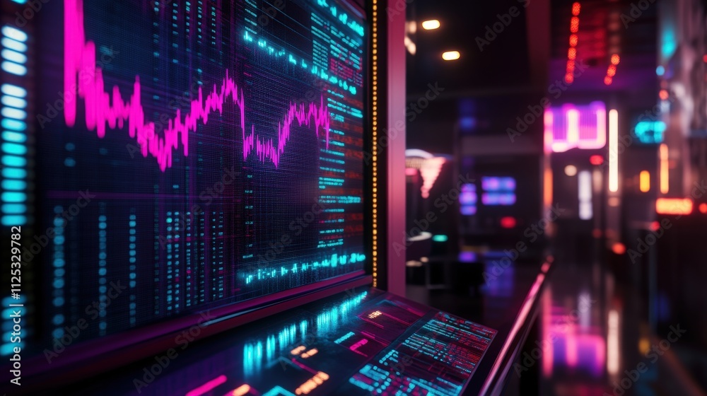 Obraz premium Neon Lit Stock Market Data Display Screen