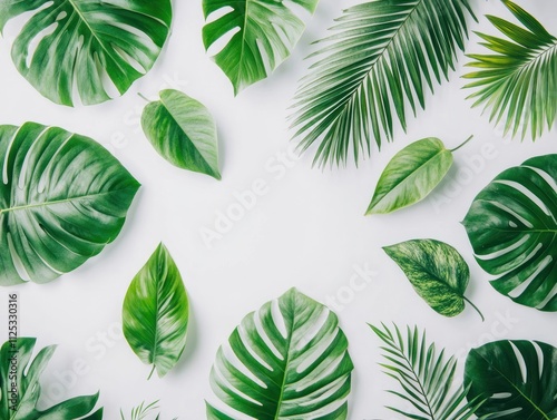 Variety of tropical green leaves on white background