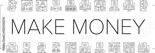 make money internet money online icons set vector. business laptop, computer, earn profit, cash income, home ecommerce, digital media make money internet money online black contour illustrations