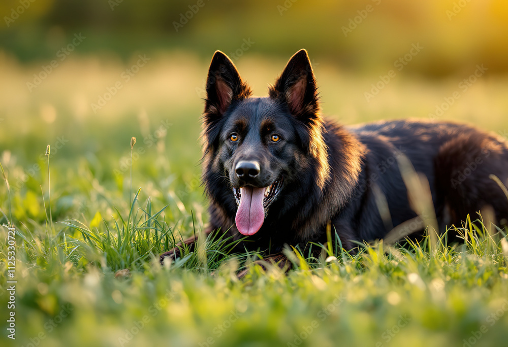 A black German shepherd dog lying on the grass in a grassy field A black German shepherd dog lying on the grass in a grassy field