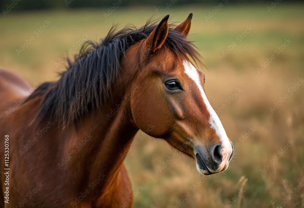 Obraz premium A brown horse with a white blaze on its face standing in a grassy field