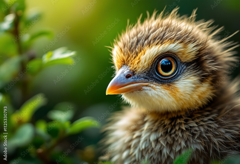 A close-up of a baby bird with a large eye and beak, surrounded by green foliage