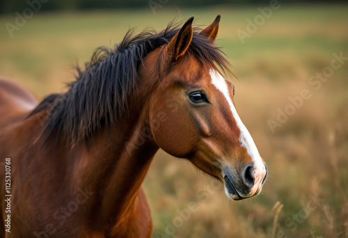 A brown horse with a white blaze on its face standing in a grassy field