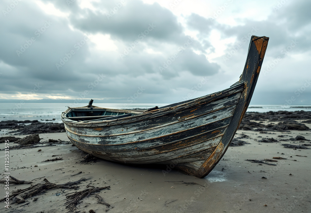 An old, weathered wooden boat on a beach with a cloudy, overcast sky in the background An old, weathered wooden boat on a beach with a cloudy, overcast sky in the background