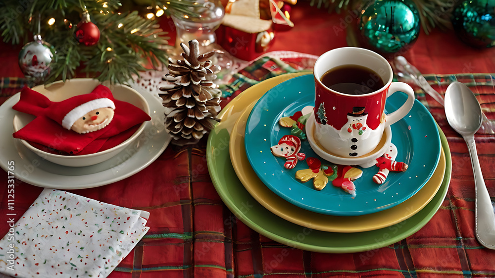 Festive Christmas table setting with coffee, cookies, and decorations. Festive Christmas table setting with coffee, cookies, and decorations.