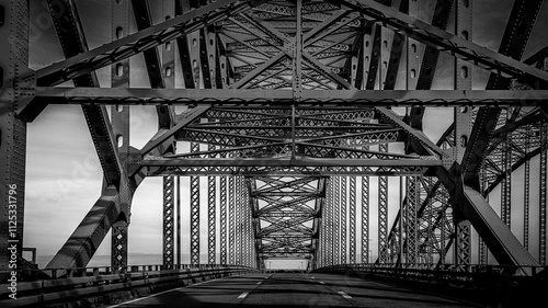 Great South Bay Bridge, aka the Captree Bridge, a twin-span bridge on the southwest side of Suffolk County, New York, on Long Island, a black and white colors photo