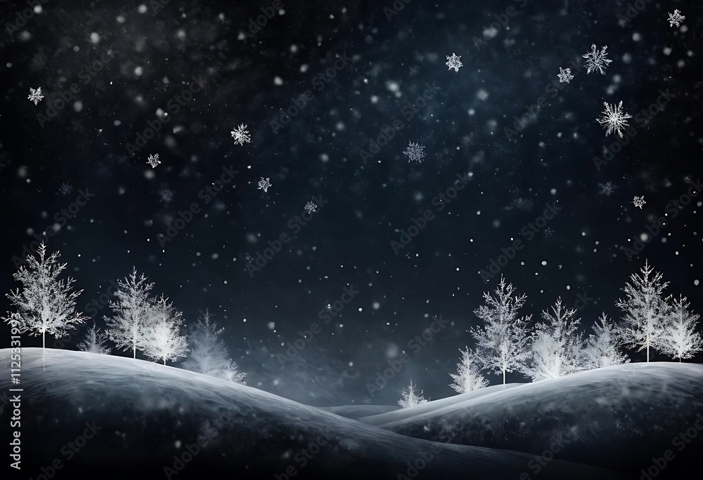 Naklejka premium snowy landscape at night. Small trees on hills covered in snow, falling snowflakes.