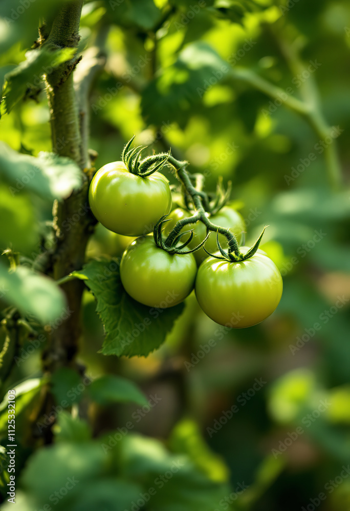 Green tomatoes growing on a vine with leaves, in a garden setting Green tomatoes growing on a vine with leaves, in a garden setting