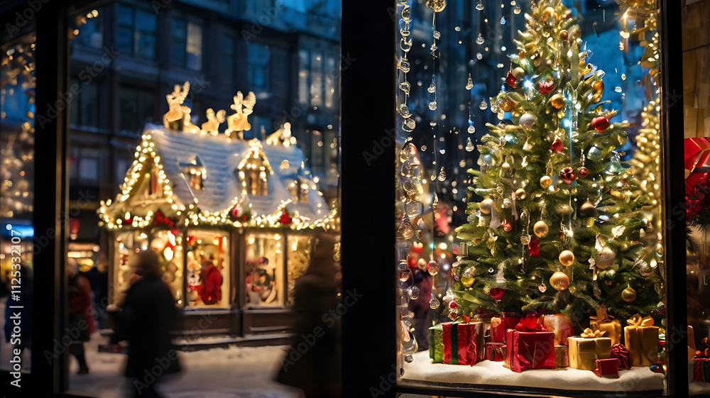 Fototapeta premium Festive Christmas window display with tree, gifts, and blurred city street scene.