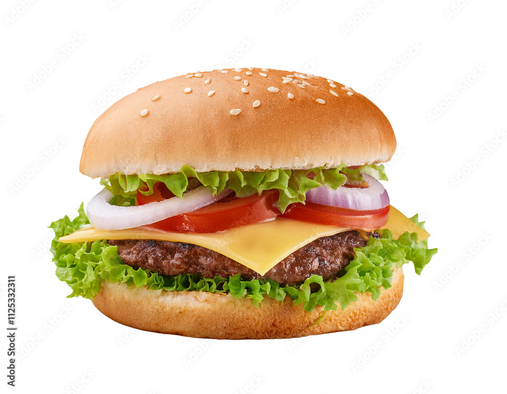 delicious juicy cheeseburger with lettuce tomatoes and onions isolated on white background, cutout delicious juicy cheeseburger with lettuce tomatoes and onions isolated on white background, cutout
