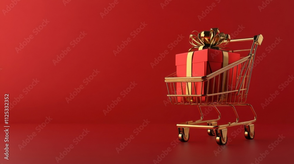 A golden shopping cart with a wrapped gift box on a red background, symbolizing Black Friday shopping and present purchases