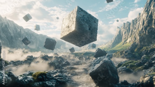 Stone cubes float over a misty mountain valley. photo