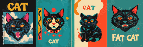 Set of modern poster cover design. Bright cats illustration. Watercolor vector abstract banners with the inscriptions "cat" and "fat cat". Cards for design, decoration, business, congratulations.