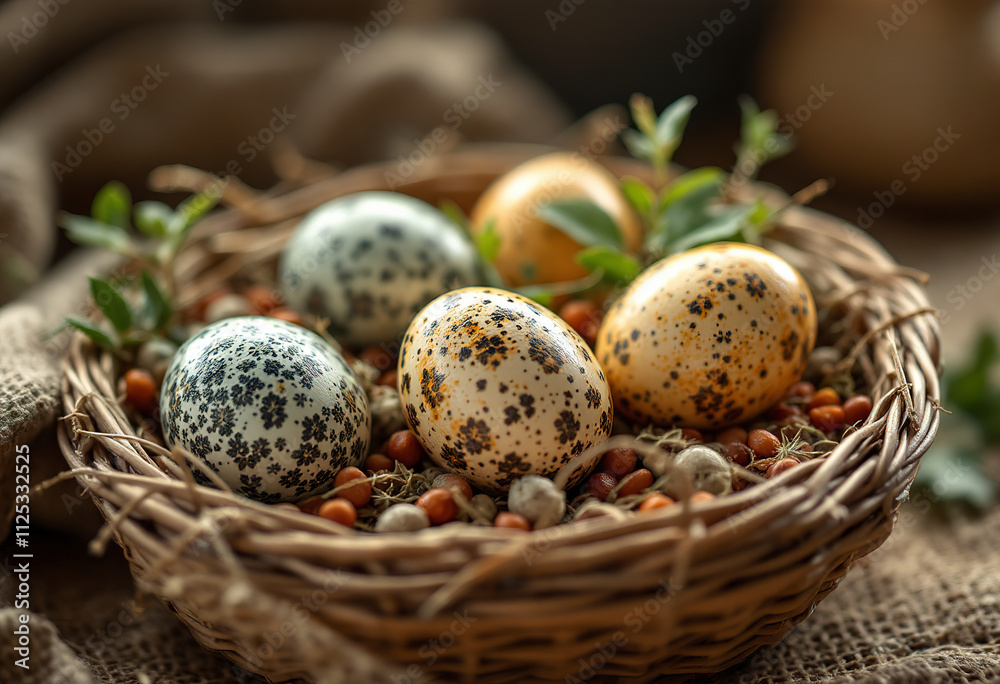 Quail eggs in the basket with herbs Quail eggs in the basket with herbs