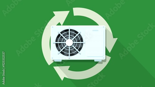 Animation of a flat design heat pump/air conditioner appearing on a green background with the 3 white circular recycling arrows rotating around it