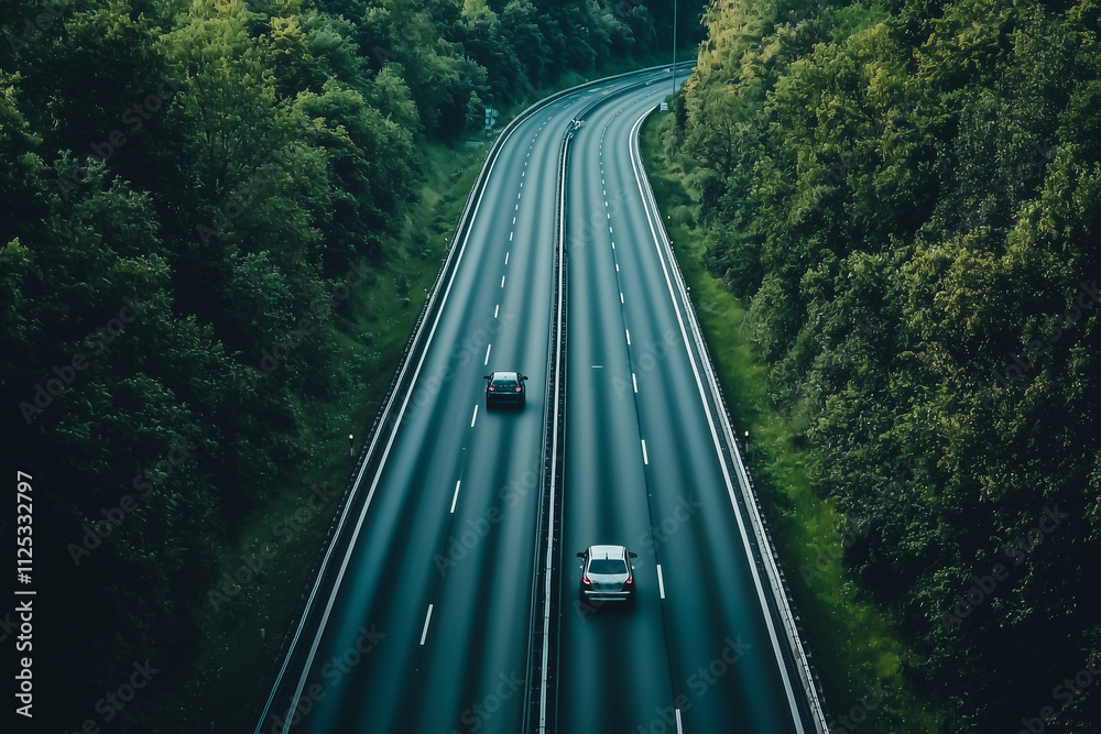 Fototapeta premium Aerial View of Busy Expressway and Autobahn, Top-Down Perspective of Traffic and Road Infrastructure, Professional Photography