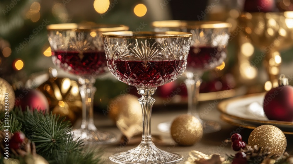 Red wine in crystal glasses, placed on a table with golden Christmas ornaments and a festive centerpiece Red wine in crystal glasses, placed on a table with golden Christmas ornaments and a festive centerpiece