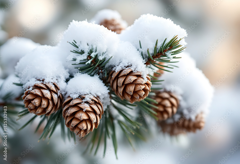 Snowy pine cones on a pine tree branch Snowy pine cones on a pine tree branch
