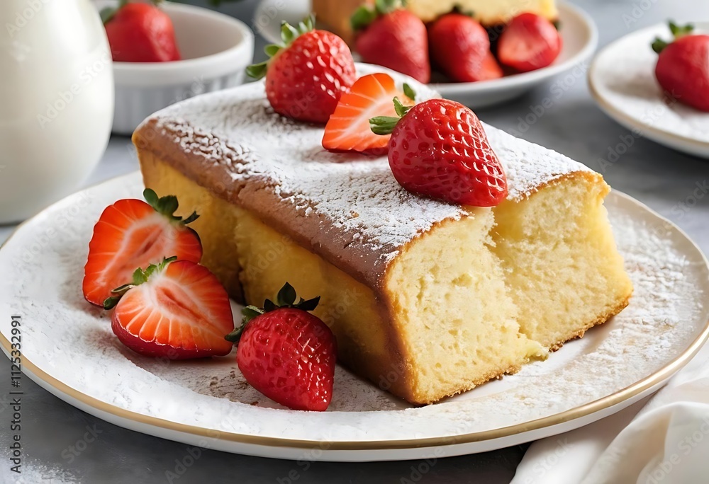 loaf cake, dusted with powdered sugar, and topped with fresh sliced strawberries
