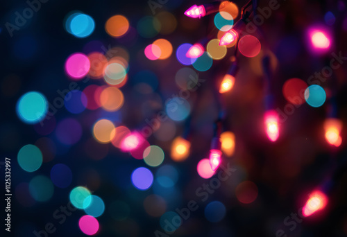 Strings of colorful lights with bokeh effect, creating a festive and magical atmosphere