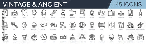Set of 45 outline icons related to vintage and ancient items. Linear icon collection. Editable stroke. Vector illustration	