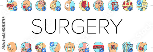 surgery hospital health icons set vector. surgical room, technology plastic, medical patient, emergency medicine, face nose surgery hospital health color line illustrations