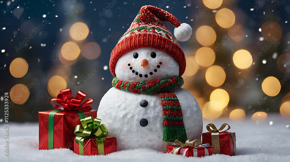 Festive snowman with gifts in snowy winter scene. Festive snowman with gifts in snowy winter scene.