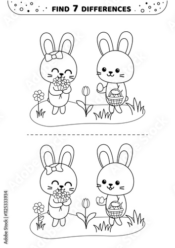 Find 7 differences. Two cute bunnies. Blackand white game. Printable isolated vector illustration eps 10