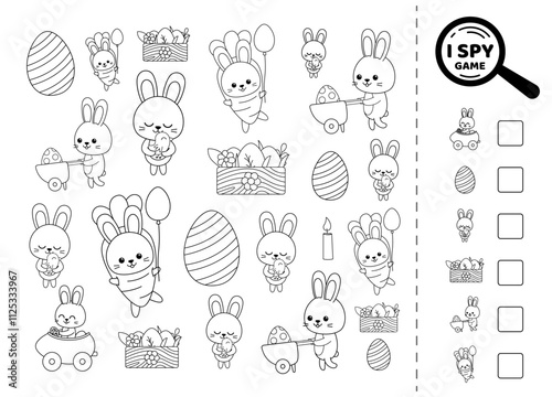 I spy black and white game for kids with cheerful bunnies. Search and count how many. Math game. Printable isolated vector illustration eps 10
