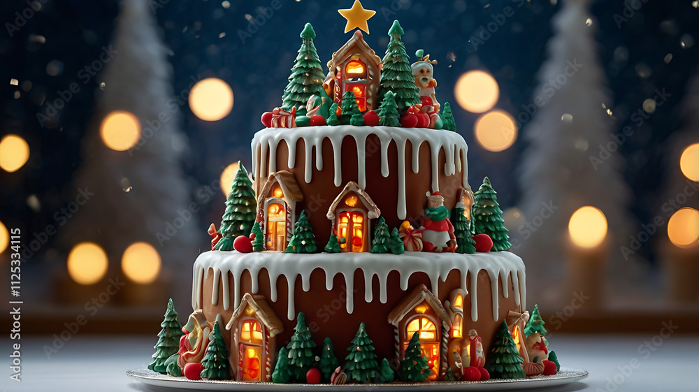 Naklejka premium Festive three-tiered gingerbread cake decorated with miniature houses, trees, and lights against a bokeh background.