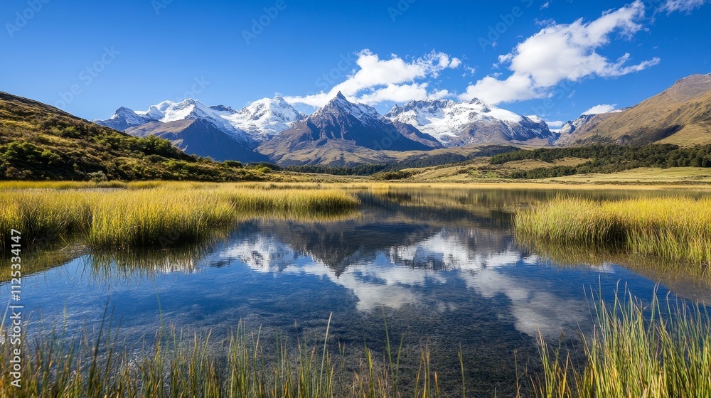 Serene mountain landscape with a reflective lake and lush grass under a clear blue sky. Serene mountain landscape with a reflective lake and lush grass under a clear blue sky.