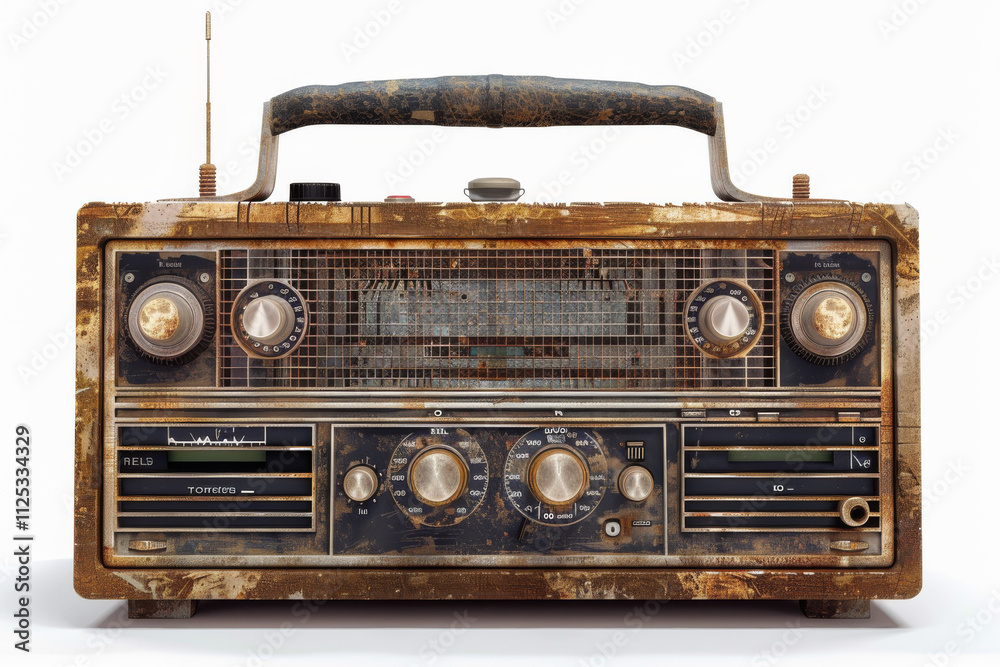 Fototapeta premium A highly detailed vintage radio with visible signs of wear and tear, isolated on grey.