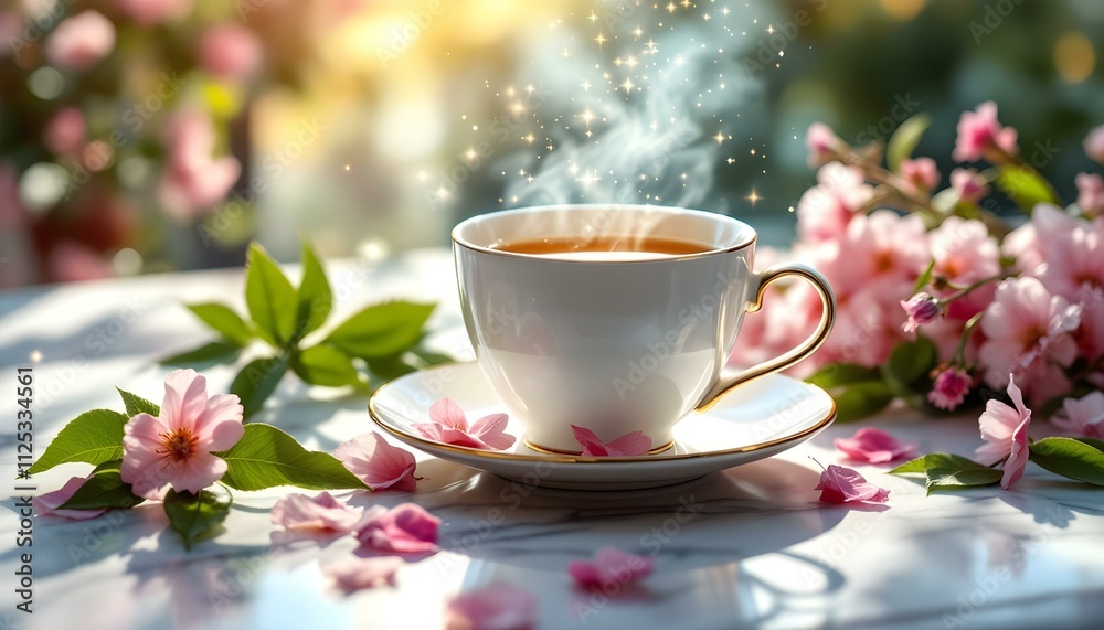 Fototapeta premium Warm Tea Cup with Spring Blossoms Morning Tea Relaxation