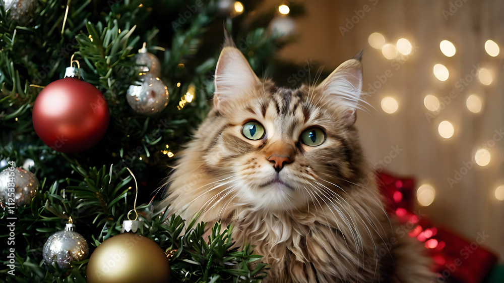 Fluffy Maine Coon cat sits near decorated Christmas tree. Fluffy Maine Coon cat sits near decorated Christmas tree.