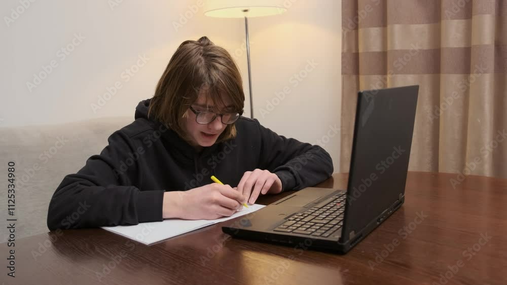 Young student wearing glasses takes notes during an online class, focusing intently on the lesson while seated at a desk Young student wearing glasses takes notes during an online class, focusing intently on the lesson while seated at a desk