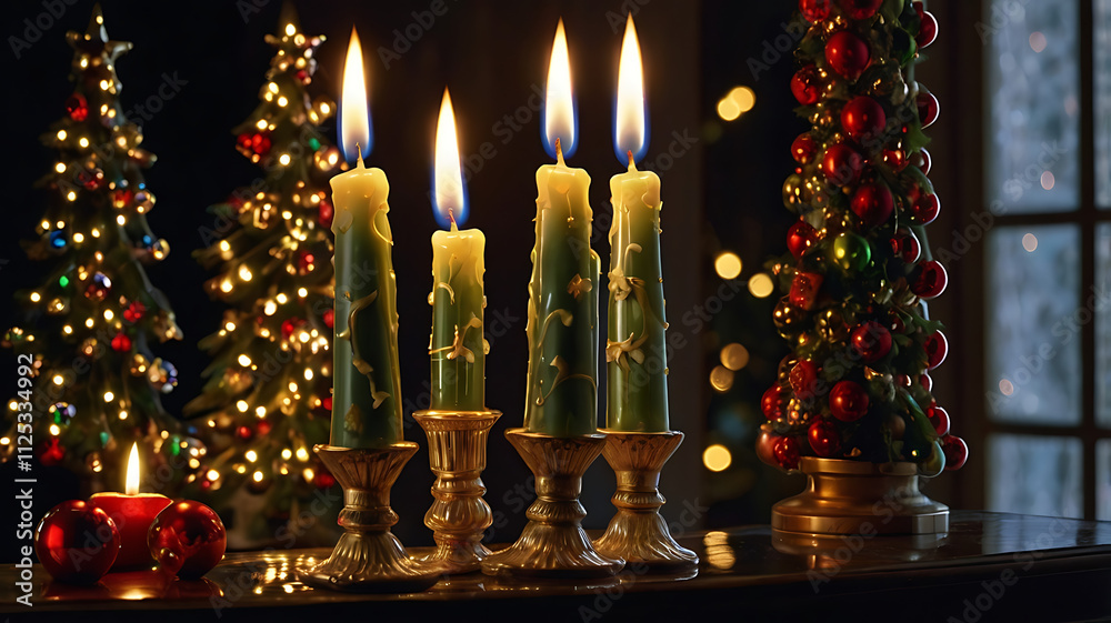 Four green candles burning brightly on a candlestick holder, surrounded by miniature Christmas trees and ornaments. Four green candles burning brightly on a candlestick holder, surrounded by miniature Christmas trees and ornaments.