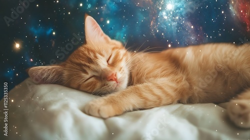 Cute ginger kitten sleeps peacefully on a white pillow against a vibrant space backdrop. photo