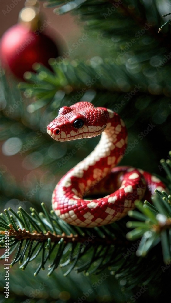 Red and white snake ornament on Christmas tree branches with festive decorations Red and white snake ornament on Christmas tree branches with festive decorations