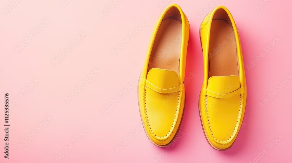 Yellow Leather Loafers on Pink Background Yellow Leather Loafers on Pink Background