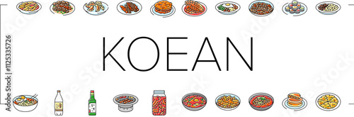 korean cuisine food asian icons set vector. korea menu, noodle top meal, bibimbap rice, topokki soup, chicken, healthy, dish korean cuisine food asian color line illustrations