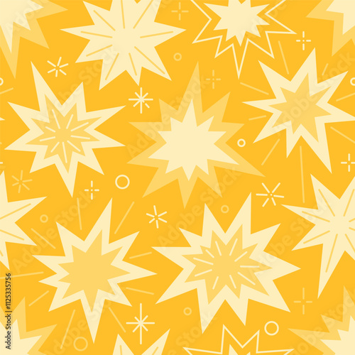 Vector seamless pattern with shining stars and fireworks bursts