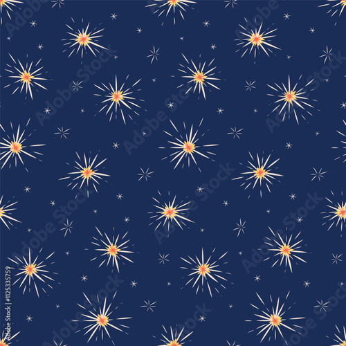 Vector seamless pattern with shining sparkles and fireworks flashes