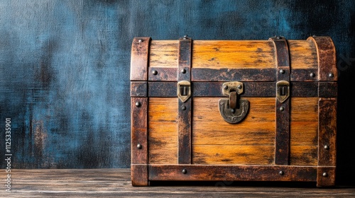 A vintage wooden treasure chest with metal accents sits against a textured blue wall, evoking a sense of adventure and mystery, Ideal for themes of exploration, history, or storage, photo