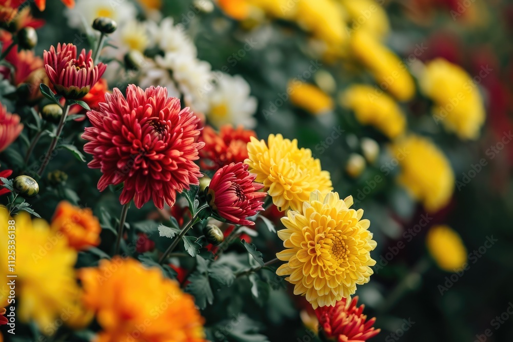 Vibrant Chrysanthemum Spectacle: A Glimpse of Colorful Autumn Blooms in a Garden Setting Vibrant Chrysanthemum Spectacle: A Glimpse of Colorful Autumn Blooms in a Garden Setting