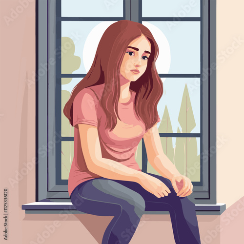 Girl and red cat sitting on the windowsill looking out the window. Night city is visible in the window. Vector illustration in cartoon style. Spring window with view. A girl sitting in windowsill.	
