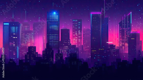 Vibrant futuristic cityscape at night, glowing buildings and neon lights.