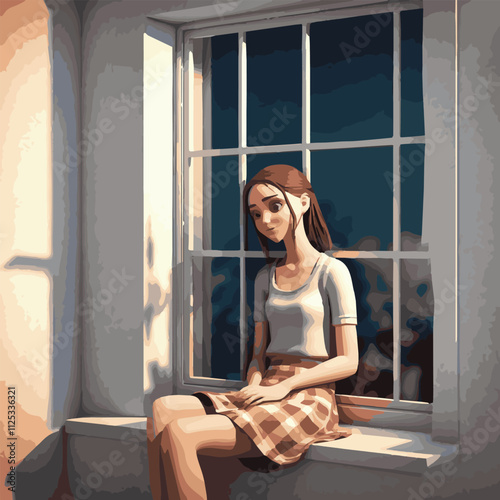 Girl and red cat sitting on the windowsill looking out the window. Night city is visible in the window. Vector illustration in cartoon style. Spring window with view. A girl sitting in windowsill.	